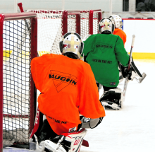 Ice hockey goalies training in Gold in the Net hockey camp